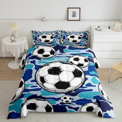 Castle Fairy Football Sports Bedding Set Twin Size Soccer American Ball Games Comforter Set for Kids Teens Boys Room Decor Blue Camouflage Down Comforter Hexagon Geometric Quilt Set with 1 Pillowcase