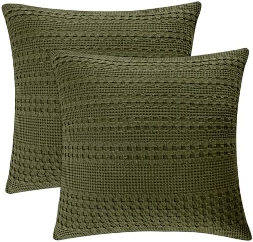PHF 100% Cotton Waffle Weave Euro Sham Covers, 2 Pack 26" x 26" Bed Pillow Covers for Elegant Home Decor, No Filling, Luxury Aesthetic Soft Euro Pillow Cases for Bed, Capulet Olive