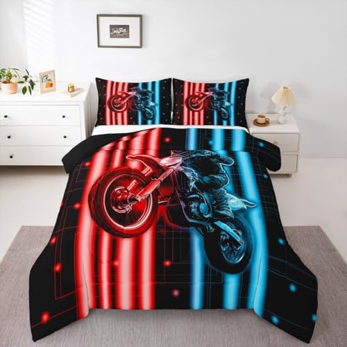 Feelyou Racing Motocross Rider Kids Bedding Set,Boys Girls Queen Size,Dirt Bike Comforter Set,Extreme Sports Ultra Soft Duvet Quilt,3D Pattern Comforter Colorful Modern Bedroom Decor,Blue Red