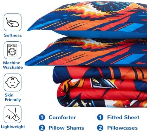 Viviland Kids Bedding Set Full Size Comforter Sets, Bed in Red Monster Truck Cover Set for Children