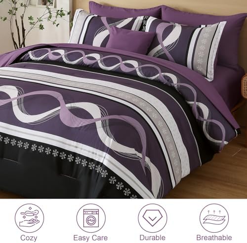 Anibedding Purple Comforter Set Queen Size,Patchwork Striped Bed Set