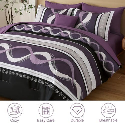 Anibedding Purple Comforter Set Queen Size,Patchwork Striped Bed Set