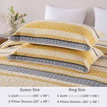 Homzard Quilt King Size - Cotton King Quilt Bedding Set, Yellow Black Gray King Size Comforter Set,Farmhouse Striped Bedspread King Size,Lightweight Bedding Home Decor 3 Piece