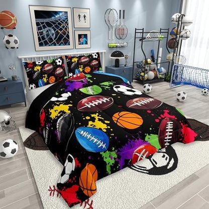 jejeloiu Sports Theme Kids Comforter Set Toddler Size Soccer Basketball Baseball Football Bedding Set Ball Games Duvet Quilt for Kids Boys Girls Bedroom Splash Ink Ball Games Decor Microfiber Ultra
