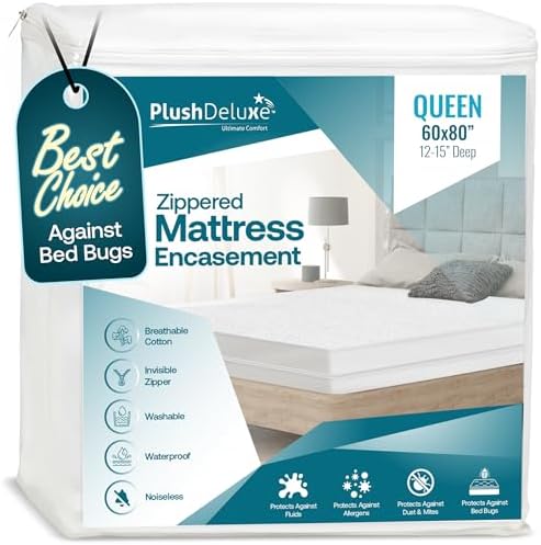 PlushDeluxe Mattress Encasement 100% Waterproof, Queen, Soft Cotton Terry