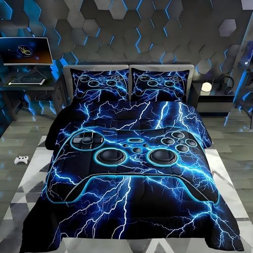 Erosebridal Gaming Queen Comforter Set Gamer Bedding Set, Video Game Consoles Down Comforter Blue Lightning Quilt,Gamer Room Decor for Boys