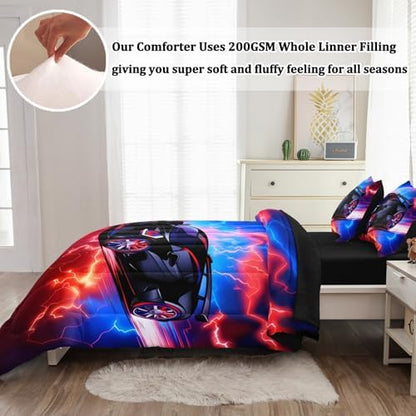 5 Pcs Car Comforter Sets for Boys, Cool Blue Red Lightnings Bed in A Bag Full Size Car Bedding Set for Boys Teens