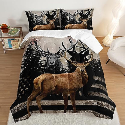 HOSIMA Snowy Forest Deer Comforter Set with 2 Pillowcases,Camo American Flag Queen Comforter Set Hunting Bedding for Teen Mens Bedroom Essentials,Wildlife Elk Comforter Boys Room Decor.