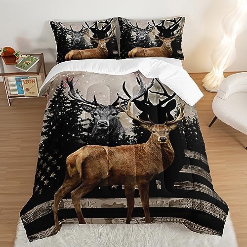 HOSIMA Snowy Forest Deer Comforter Set with 2 Pillowcases,Camo American Flag King Size Comforter Set Hunting Bedding for Teen Mens Bedroom Essentials,Wildlife Elk Comforter Boys Room Decor.