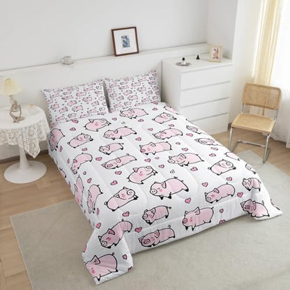 Feelyou Kids Pink Pig Comforter Set Queen Size Cartoon Pigs Bedding Set Boys Girls Lovely Animal Cute Pet Quilt Set Farm Animal Love Heart Bed Set