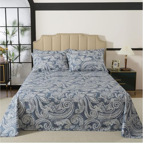 FADFAY Full Sheet Set – 4 Piece Bed Sheets for Full Size Bed, Vintage Blue Grey Paisley Floral Pattern Soft and Breathable 100% Cotton, Includes 1 Fitted Sheet, 1 Flat Sheet and 2 Pillowcases