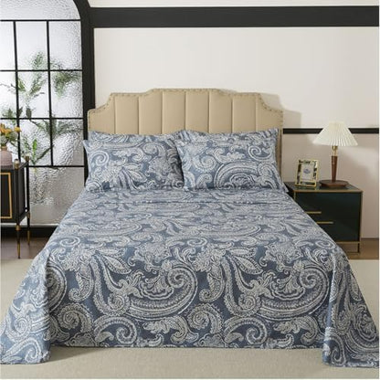 FADFAY Full Sheet Set – 4 Piece Bed Sheets for Full Size Bed, Vintage Blue Grey Paisley Floral Pattern Soft and Breathable 100% Cotton, Includes 1 Fitted Sheet, 1 Flat Sheet and 2 Pillowcases