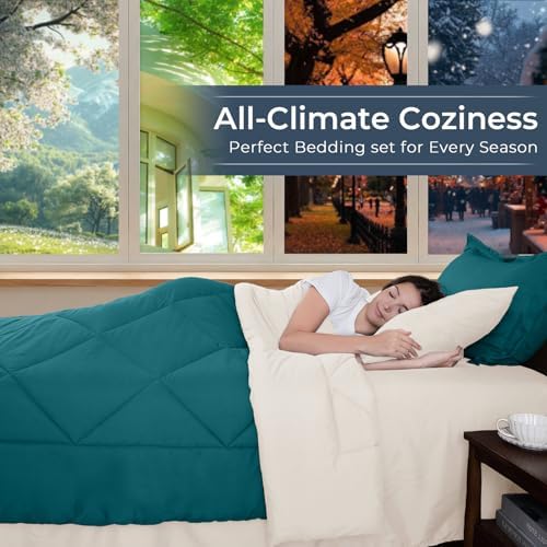 HEVUMYI 7-Piece King Comforter Set, Peacock Blue & Ivory Bed in a Bag