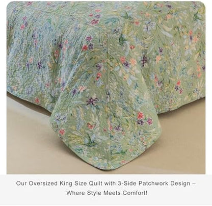 Lady Ann Oversized King Bedspreads 128x120 for Extra Bed, Green Flower Bird Butterfly Print Botanical Bedding, Lightweight 100% Cotton Quilted Coverlet Set with Pillow Shams for All Season, 3 PCS