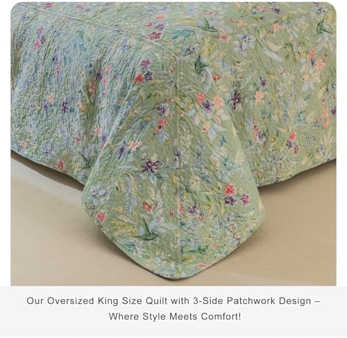 Lady Ann 100% Cotton Floral Cal King Quilt Set - Green Flower Bird Butterfly Pattern Print Quilted 118x106 Bedspread & Coverlet Set, 3 PCS Lightweight Extra Soft King Bedding Sets All Season
