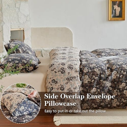 Simple&Opulence Muslin Duvet Cover Set Queen Size, 100% Washed Cotton 3 Pieces Yarn-Dyed Vintage Navy Floral Jacquard Textured Bedding, Soft & Breathable Gauze Comforter Cover with Zipper Closure