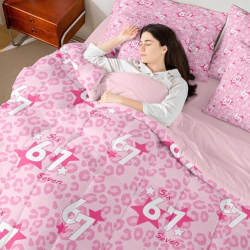 Erosebridal Pink Leopard 7 Piece Bedding Set Twin Size for Girls 67 Number Print Kids Comforter Set Cute Girly Six Seven Bed in A Bag African Cheetah Print Trendy Fashion Bed Set