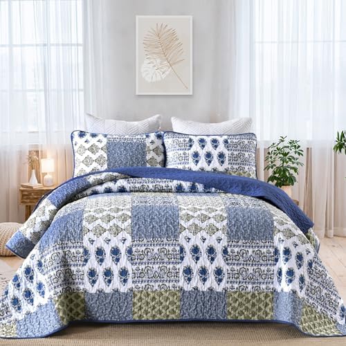 Mybedsoul Boho Quilt King Size, Patchwork Floral Bedding Set, Aqua Blue