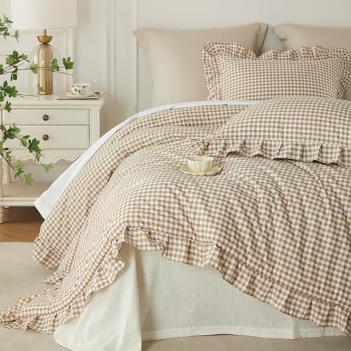 Cupocupa Gingham Ruffle Comforter Set Twin - 2 Piece Tan Checkered Bedding Set - Aesthetic Cottagecore Ruffled Farmhouse Comforter with 1 Pillow Shams - Soft, Lightweight All Season Bedding