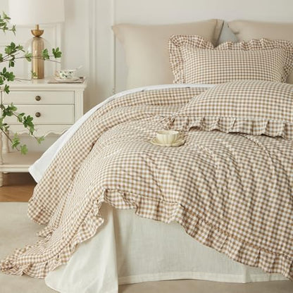 Gingham Ruffle Comforter Set Queen - 3 Piece Tan Checkered Bedding Set - Aesthetic Cottagecore Ruffled Farmhouse Comforter with 2 Pillow Shams - Soft, Lightweight All Season Bedding (90"x90")