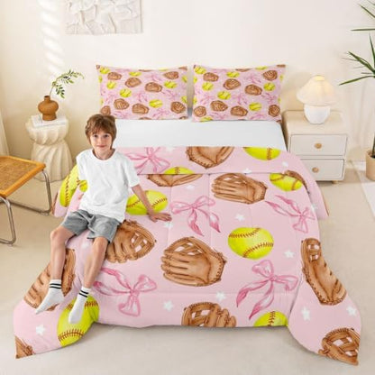 Cartoon Baseball Bedding Sets King Size,Pink Silk Bow Print Comforter Set 3Pcs for Teens Adult Woman Men Room Decor,Coquette Little Star Quilted Duvet Brown Baseball Glove Down Comforter,2 Pillowcases