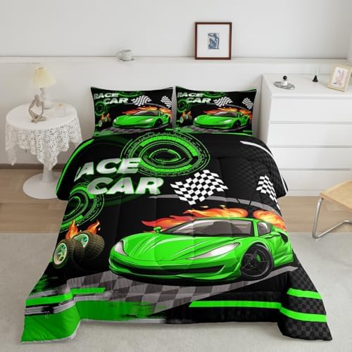 Feelyou Kids Green Race car Comforter Set Twin Size Boys Girls