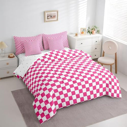 jejeloiu Pink White Bedding Set 7Pcs King Size Kids Plaid Checkered Comforter Set with Sheets for Boys Girls Classic Grid Buffalo Check Bed in a Bag Soft Lightweight,Microfiber