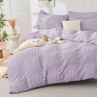 HYMOKEGE Lavender Oversized Queen Comforter Set Seersucker 7 Pieces, All Season Luxury Bed in a Bag for Bedroom, Bedding Set with Comforter, Sheets, Pillowcases & Shams