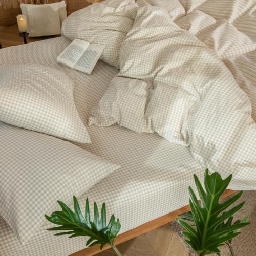 MooMee Gingham Duvet Cover Set 100% Washed Cotton Linen Like