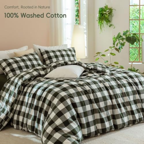 JIYUAN Queen Washed Cotton Duvet Cover Set, 3-Piece, Buffalo Check