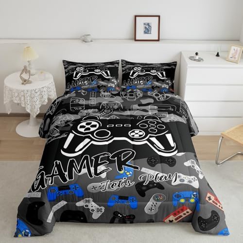 Homewish Video Games Boys Comforter Set King Size,Cartoon Gamepad Bedding Set 3Pcs for Kids Teens Men Room Decor,Modern Gaming Quilted Duvet Fashion Black Grey Down Comforter,2 Pillowcases