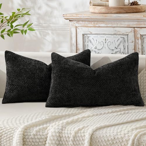 MIULEE Decorative Lumbar Throw Pillow Covers 12x20 Inch Black 2 Pack