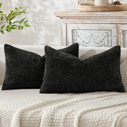 MIULEE Decorative Lumbar Throw Pillow Covers 12x20 Inch Black 2 Pack