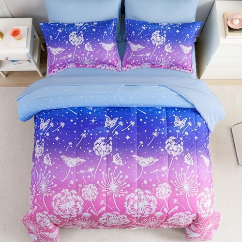 Dinjoy Girls Comforter Set 5 Pieces, Twin Size Colorful Ombre Rainbow Bedding Set, Bed in A Bag for Kid Teen Girls (1 Comforter, 1 Flat Sheet, 1 Fitted Sheet, 1 Pillow Shams, 1 Pillowcases)