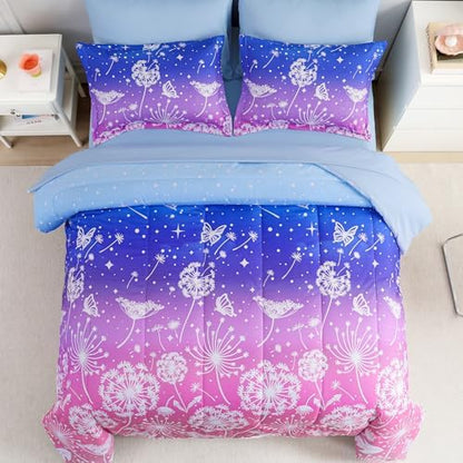 Dinjoy Girls Comforter Set 7 Pieces, Queen Size Colorful Ombre Rainbow Bedding Set, Bed in A Bag for Kid Teen Girls (1 Comforter, 1 Flat Sheet, 1 Fitted Sheet, 2 Pillow Shams, 2 Pillowcases)