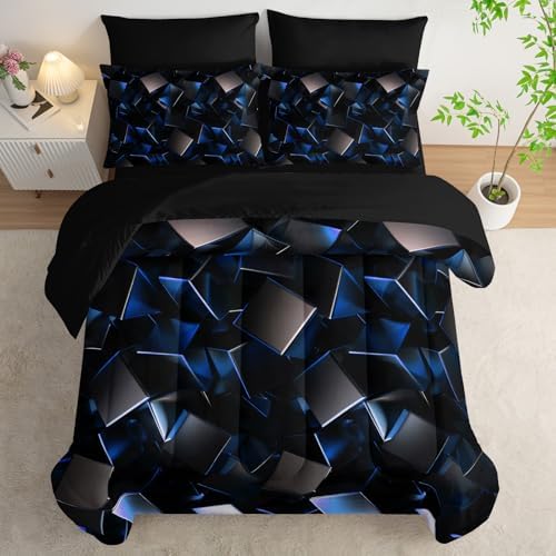 Nttopship Blue and Black Geometric Comforter Set Full Size 7PCS,Abstract Triangular Printed Bedding Set for Adults,Geometric Mordern Art Decor All Seasons with Pillowcases,Flat, Fitted Sheet