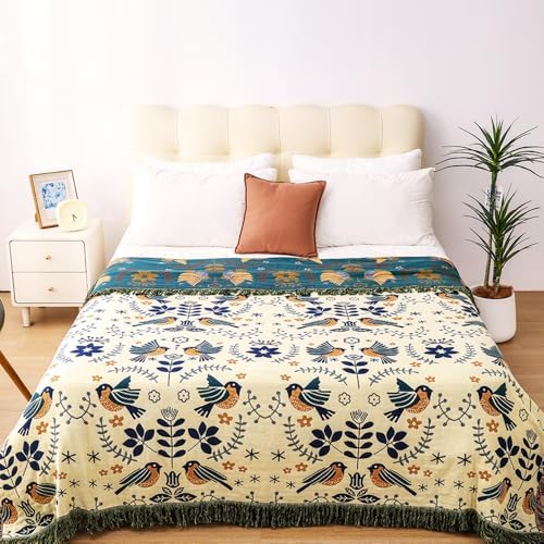 VANJOROY Boho Throw Blanket, 100% Organic Cotton Breathable Ultra Soft 91" x 108" King Bed Quilt Throw - Floral Rustic Bird Farmhouse Decor Luxury Blanket for Sofa Couch Chair and Gift,Teal/Beige