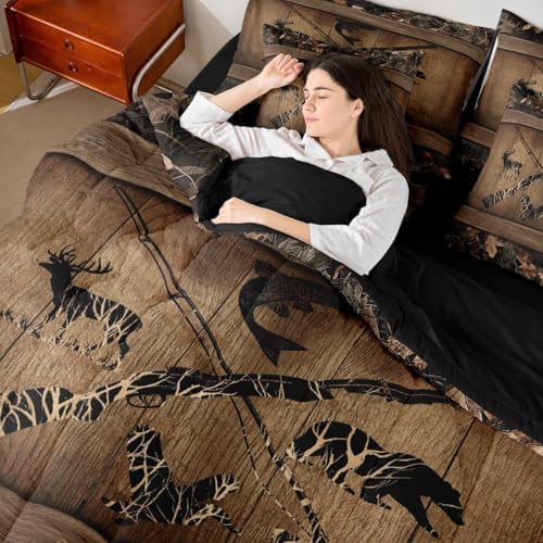 Erosebridal Rustic Farmhouse Bedding Sets 7 Piece Retro Camo Cabin Lodge Comforter Set King Hunting and Fishing Bed in A Bag for Boys Adults Men Wildlife Bear Deer Fish Duck Sheet Set with Comforter