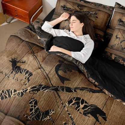 Erosebridal Rustic Farmhouse Bedding Sets 7 Piece Retro Camo Cabin Lodge Comforter Set King Hunting and Fishing Bed in A Bag for Boys Adults Men Wildlife Bear Deer Fish Duck Sheet Set with Comforter