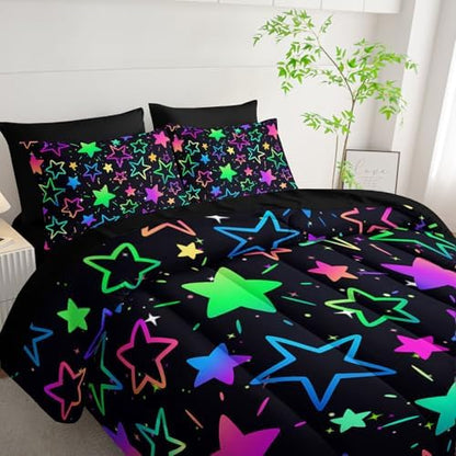 7Pcs Comforter Set Colorful Stars Printed Bedding Set with 1 Comforter, 1 Flat Sheet, 1 Fitted Sheet and 4 Pillowcases for Boys and Girls Bedroom (Stars Twin