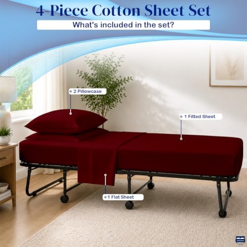 Cottingon 4 PC Cot Sheet Set 33"X75", Egyptian Cotton, Burgundy