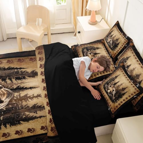 Erosebridal Grizzly Bear Bedding Set King Vintage Woodland Animal Comforter Set 7 Piece Hunting Wildlife Bear Paw Bed in A Bag for Adults Farmhouse Forest Cabin Quilt with Flat Fitted Sheet
