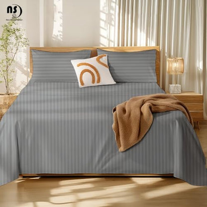 NON Sticky cotton Full 4 Piece Sheet Set, 100% Long Staple Cotton, Soft Cooling Hotel Luxury Bedding Sheets, Deep Pocket Fits 10" to 18" Mattress, 54" x 75", Light Grey Stripe