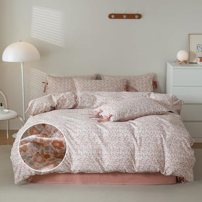 mixinni Girls Bedding Duvet Cover Twin Size Vintage Style Pink Small Floral Print Duvet Cover Set Soft Cotton 1 Duvet Cover with 2 Bow Ties Pillowcases-Easy Care, Soft and Durable