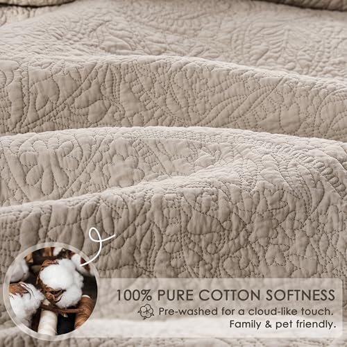 WDCOZY King 100% Cotton Paisley Quilt Bedding Set Beige Comforter