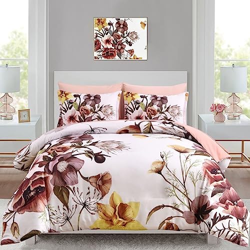 Luxudecor Floral Comforter Set King Size 7 Piece, Blush Flower Bed in a Bag, Elegant Floral Comforter with Sheet Set, Soft Microfiber Bedding Set for All Season (Blush, 104"x90")