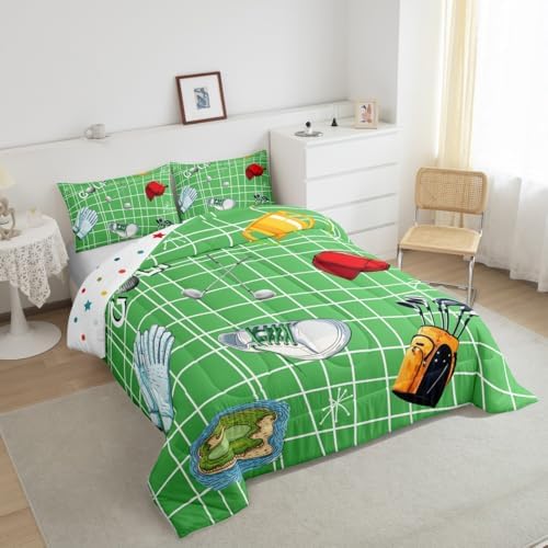 Castle Fairy Golf Bedding Set Full Size Ball Gaming Theme Comforter for Child Teens Boys Modern Golf Sports Lover Down Comforter Bedroom Decor Geometric Lines Duvet Insert with 2 Pillowcases
