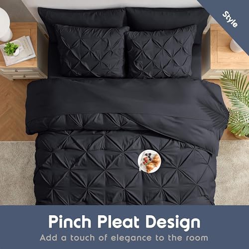 Nestl 9 Piece California King Comforter Set – Black Pinch Pleated Bed in a Bag – Complete Cal King Size Bedding Set with Sheets, Set of 2 Cooling Pillows, Pillowcases and Shams