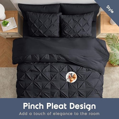 Nestl 9 Piece California King Comforter Set – Black Pinch Pleated Bed in a Bag – Complete Cal King Size Bedding Set with Sheets, Set of 2 Cooling Pillows, Pillowcases and Shams
