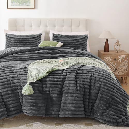 Smoofy Fluffy Twin Size Comforter 2 PCS - Dark Grey Fleece Bedding Set